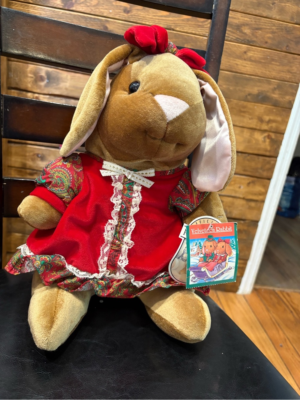 Vintage 1985 Velveteen Rabbit Plush Bunny in Red Dress - new w tags